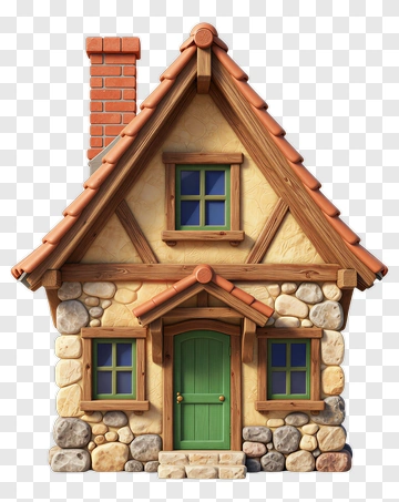 3D Cottage With Green Door And Brick Chimney PNG