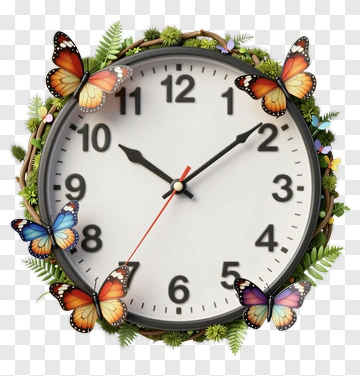 Clock Surrounded By Butterflies And Greenery PNG