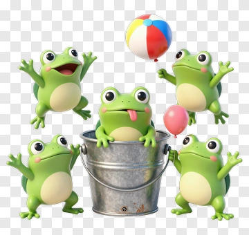 Cartoon Frogs Playing With Balloons And A Bucket PNG