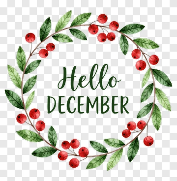 Hello December Wreath With Red Berries And Green Leaves PNG