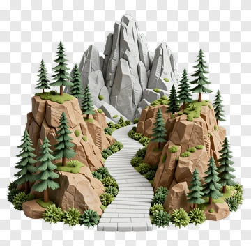 3D Mountain Landscape With Pathway And Pine Trees PNG