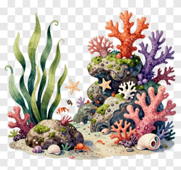 Colorful Coral Reef With Sea Plants And Shells PNG
