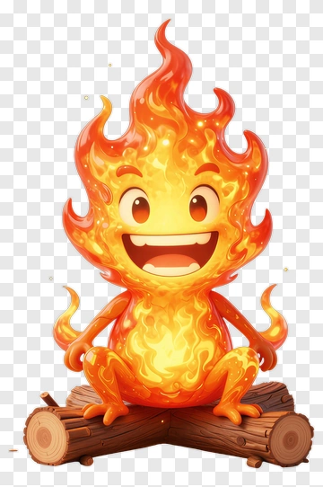 Cartoon Flame Character Sitting On A Log PNG