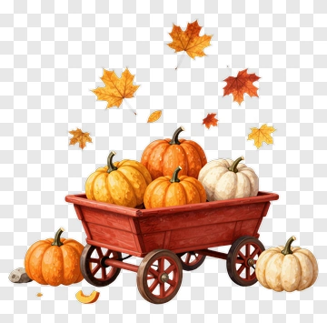Pumpkin Cart With Autumn Leaves PNG