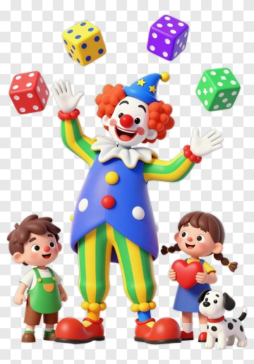 Colorful Clown Juggling Dice With Children PNG