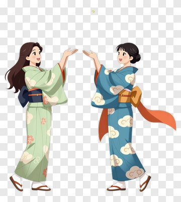 Two Women In Traditional Kimonos Interacting PNG