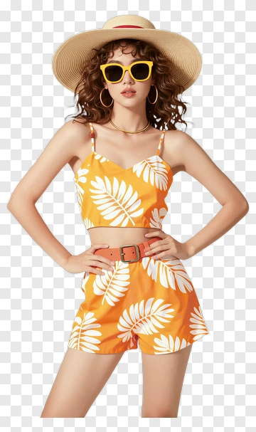 Woman In Tropical Print Summer Outfit PNG