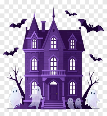 Cartoon Haunted House With Ghosts And Bats PNG