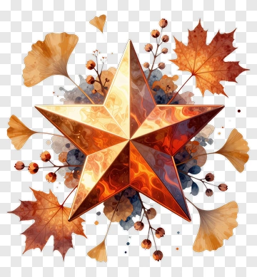 Golden Star Surrounded By Autumn Leaves And Berries PNG