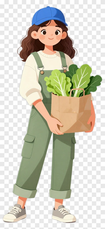 Cartoon Girl Holding A Bag Of Vegetables PNG