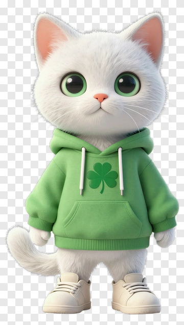 Cartoon Cat Wearing Green Hoodie With Clover PNG