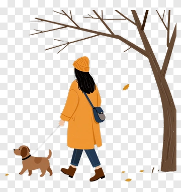Woman Walking A Dog In Autumn PNG