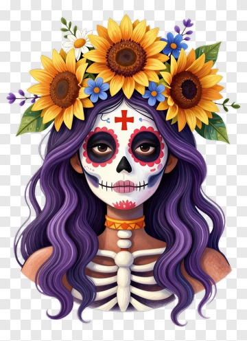 Colorful Day Of The Dead Woman With Sunflowers PNG