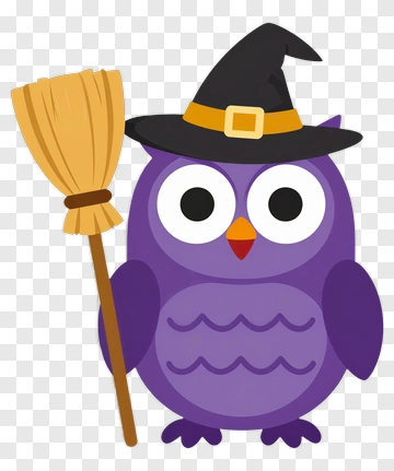 Cartoon Purple Owl With A Broom And Witch Hat PNG