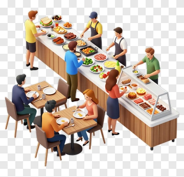 Buffet Restaurant Scene With Diners And Food Stations PNG