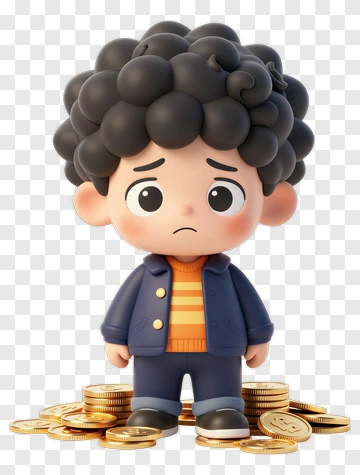 Sad Cartoon Boy Surrounded By Gold Coins PNG