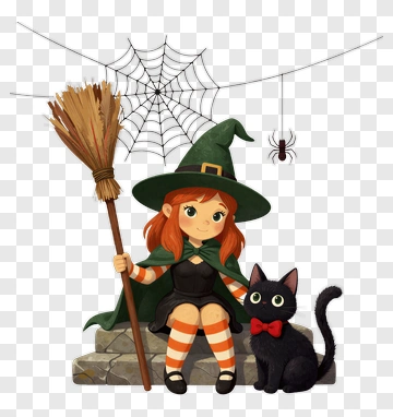 Cartoon Witch Sitting With Black Cat PNG