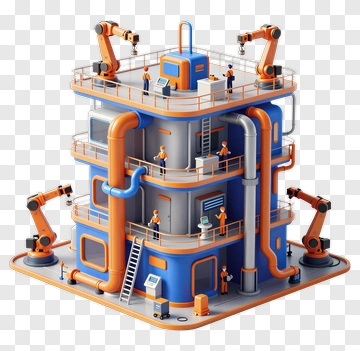 3D Factory With Robots And Workers PNG