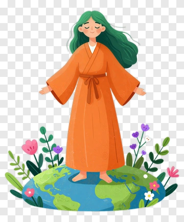 Woman Standing On Earth Surrounded By Flowers PNG