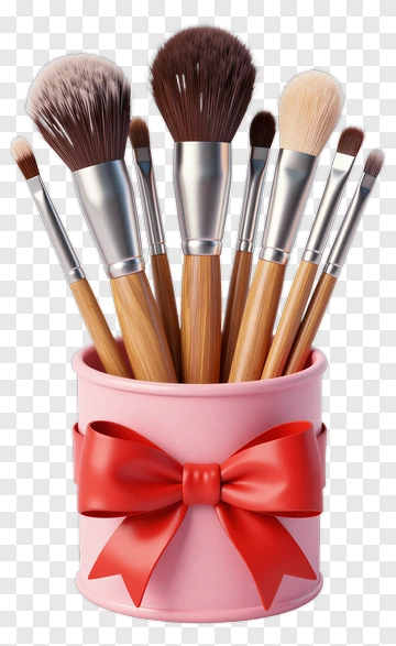 Makeup Brushes In A Pink Holder With A Ribbon PNG