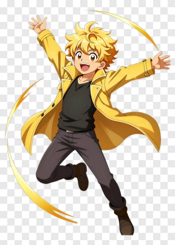 Cartoon Boy Jumping In A Yellow Coat PNG