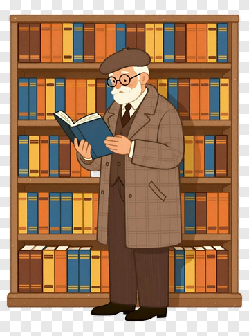 Elderly Man Reading A Book In A Library PNG