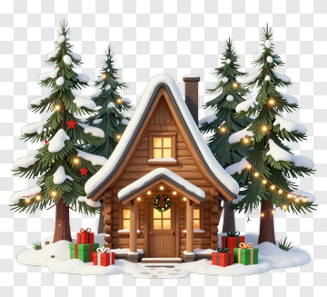 Christmas Cabin Surrounded By Snowy Trees PNG