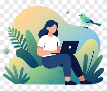 Woman Working On Laptop In Nature PNG