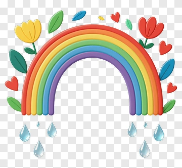 Colorful Rainbow With Flowers And Raindrops PNG