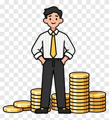 Cartoon Businessman Standing Beside Stacks Of Coins PNG
