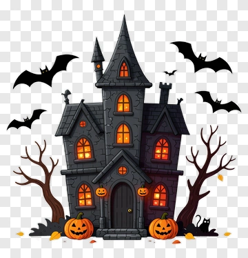 Halloween Haunted House With Pumpkins And Bats PNG