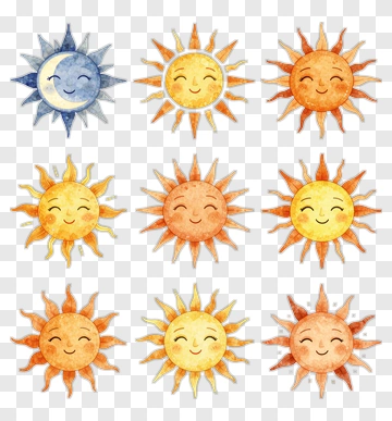 Colorful Watercolor Sun Illustrations PNG