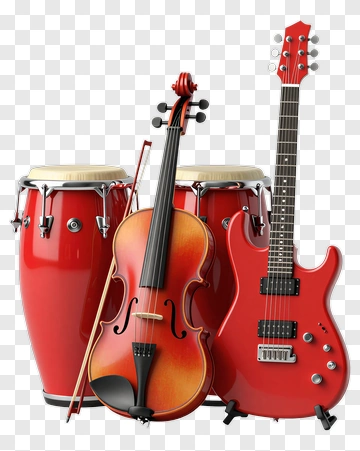 Red Musical Instruments Including Guitar, Violin, And Congas PNG
