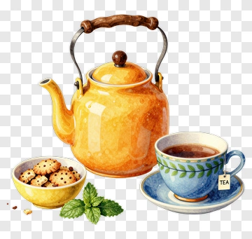 Yellow Teapot With Cookies And Tea Cup PNG