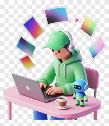 3D Person Using Laptop With Robot Companion PNG