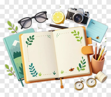 Open Notebook With Stationery And Camera PNG