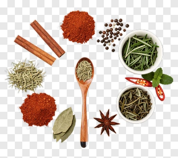 Herbs And Spices Composition With Wooden Spoon PNG