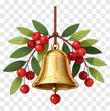 Golden Bell Hanging From A Holly Branch PNG