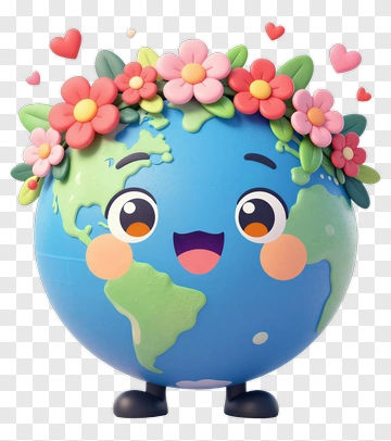 Cartoon Earth Character With Flowers PNG