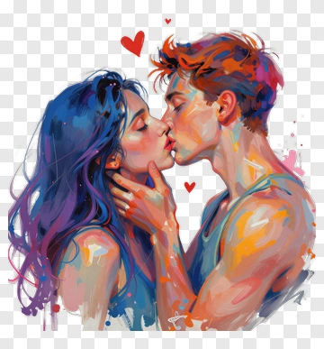 Couple Kissing With Colorful Hearts PNG