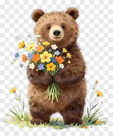 Cute Bear Holding A Bouquet Of Flowers PNG