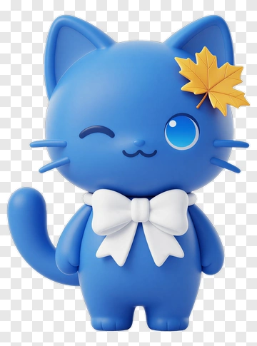 Blue Cat Figurine With Bow Tie And Leaf PNG