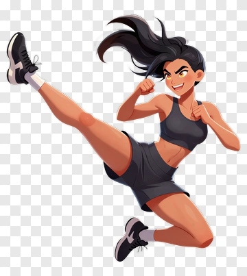 Cartoon Woman Kicking In Sports Attire PNG