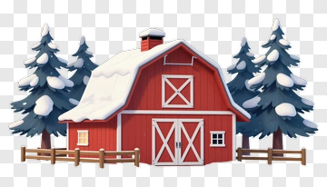 Red Barn Surrounded By Snowy Evergreen Trees PNG