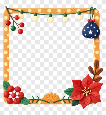 Colorful Christmas Frame With Flowers And Ornaments PNG