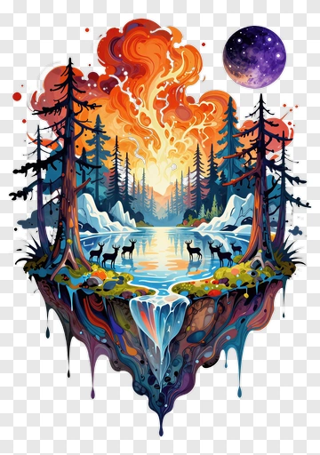Colorful Forest Landscape With Deer And Waterfall PNG