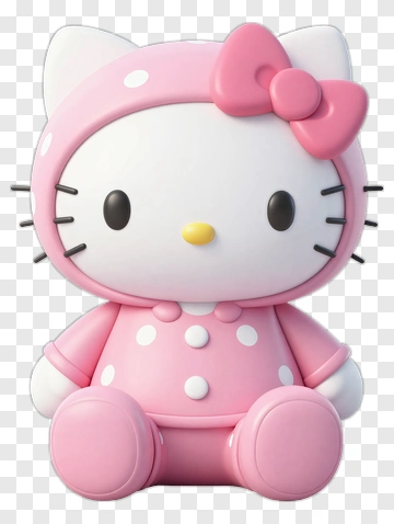 3D Cat Figurine Wearing Pink Polka Dot Outfit PNG