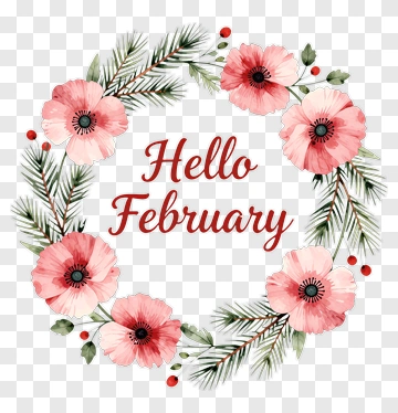 Floral Wreath With Hello February Text PNG