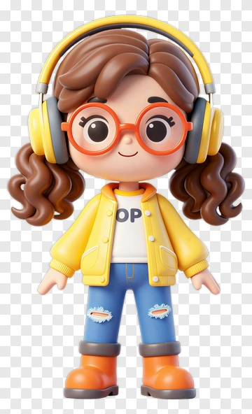 3D Girl Wearing Headphones And Yellow Jacket PNG