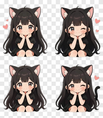 Kawaii Girl With Cat Ears And Expressions PNG